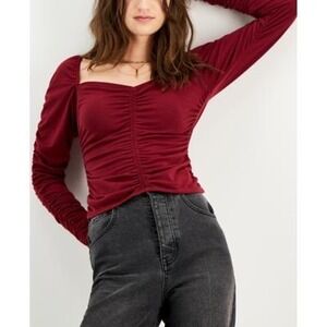 Kingston Grey Juniors' Ruched Sweetheart-Neck Top - Burgundy Size L